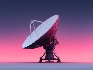 Large satellite dish with detailed construction against a surreal gradient sky showcasing the interplay of technology and cosmic communication evoking a sense of digital connectivity and