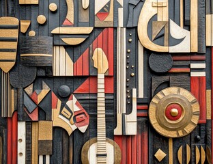 Abstract wooden wall art, featuring a vibrant collage of geometric shapes and musical instruments