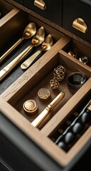 Close-up of a dark-stained wooden drawer organizer.  Gold utensils, small decorative items, and black beads are neatly arranged within the compartments