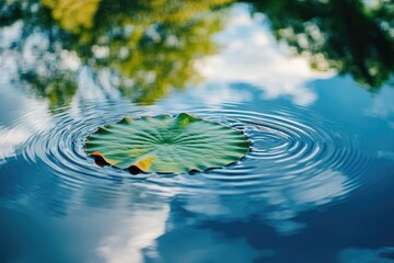 Tranquil lily pad on still water, reflecting sky