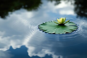 A single, pale yellow water lily rests on a placid pond.  Reflections of clouds grace the dark water