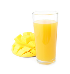 Tasty mango juice in glass and fresh fruit isolated on white