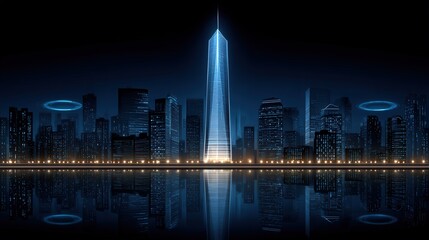 Obraz premium A stunning futuristic city skyline illuminated at night featuring a prominent skyscraper reflecting vibrant blue light and a hovering abstract object over the urban landscape creating a