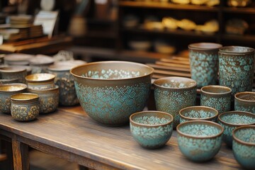Handcrafted ceramic bowls and cups neatly displayed on wooden table in artisan market