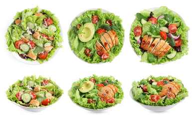 Tasty fresh salads with meat on white background, collage. Top and side view