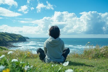 Boy meditating on coastal cliff under bright blue sky with puffy clouds