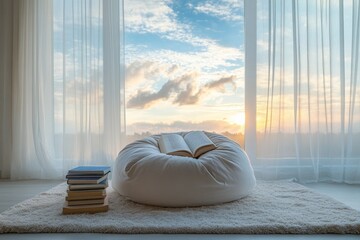 Cozy morning room interior with fluffy pouf and books near large window