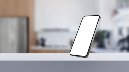 Smartphone with Transparent Screen on Table in Modern Kitchen Background