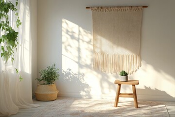 Sunlit peaceful corner with natural elements including chair plant and woven decoration