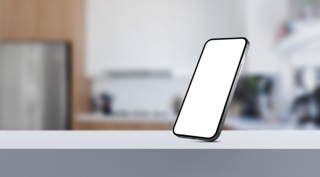 Smartphone with Transparent Screen on Table in Modern Kitchen Background