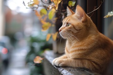 Orange tabby cat resting on a window sill surrounded by soft morning light and flowers