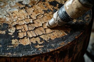 Old brush with dried paint strokes lying on cracked wooden surface in natural light