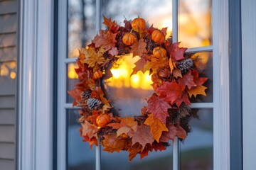 Autumn wreath made of orange and red leaves hanging on a door with glass panel