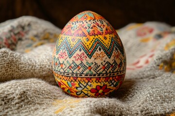 Decorated Easter egg with intricate patterns resting on a soft fabric background