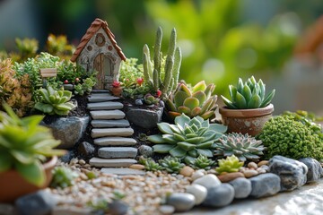 Miniature garden with succulents rocks and tiny stairs arranged in artistic composition