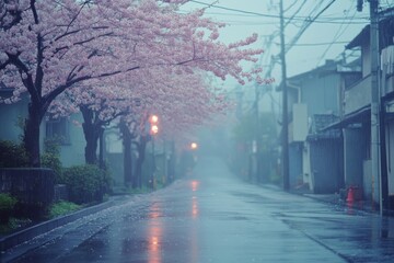 Rainy street with cherry blossom trees and soft light reflecting on the wet pavement