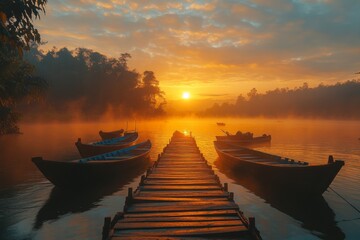 Wooden pier leading to boats under colorful sky during sunrise on lake