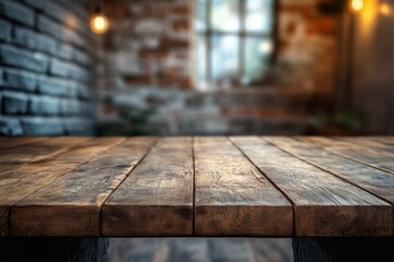Empty wooden table in rustic room with warm ambient brick wall lighting