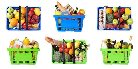 Shopping baskets with different products on white background, collage