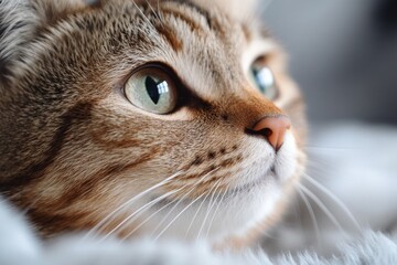Closeup of curious tabby cat gazing through window in soft natural light