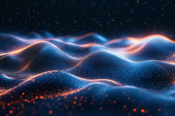 Obraz premium Abstract glowing digital waves in dark blue background with red accents