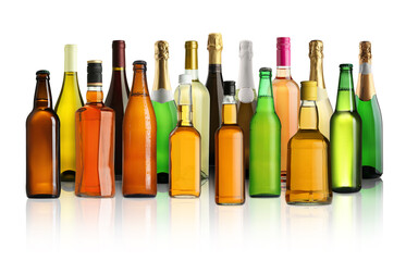 Bottles with different types of alcoholic drinks on white background, set