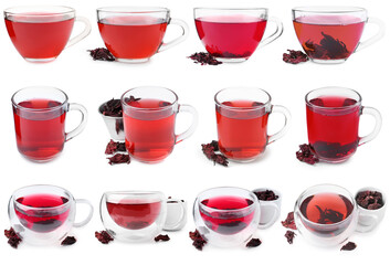 Hibiscus tea in glass cups and dried calyces isolated on white, set