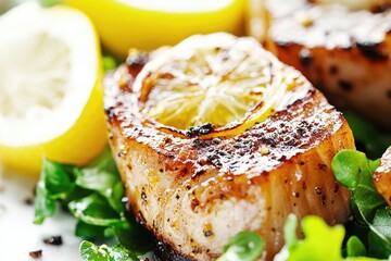 Close-up of pan-seared fish fillets with lemon slices.  Crispy, golden-brown fish rests atop fresh greens with segments of yellow lemon