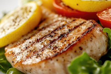 Close-up of grilled fish fillet, garnished with lemon slices and cherry tomatoes
