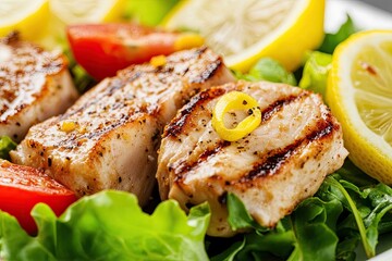 Grilled fish salad with lemon slices and cherry tomatoes