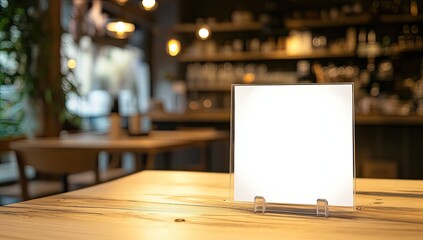 Blank menu board on a wooden table in a cafe