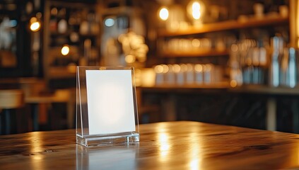 Blank table sign on a wooden bar table.  Blurred background of a warm-lit bar