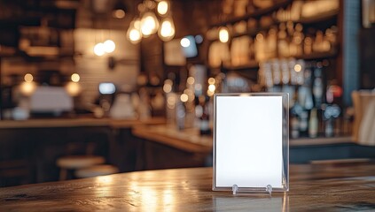 Blank menu sign on a wooden bar counter in a dimly lit pub