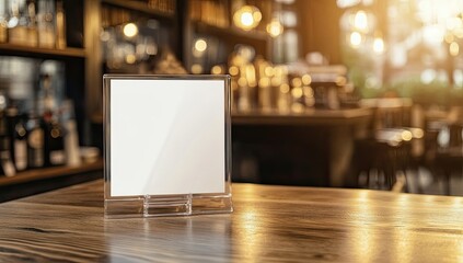 Empty square menu holder on wooden bar top, blurred background