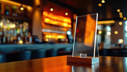Clear acrylic menu stand on a wooden table in a dimly lit restaurant bar