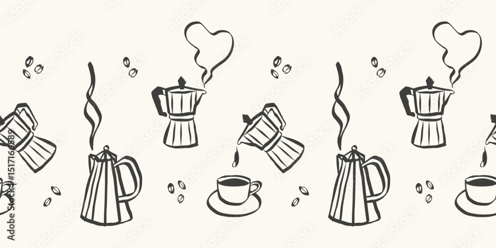 Poster coffee seamless pattern in doodle style. retro whimsical symbols for cafeteria menu and business bre