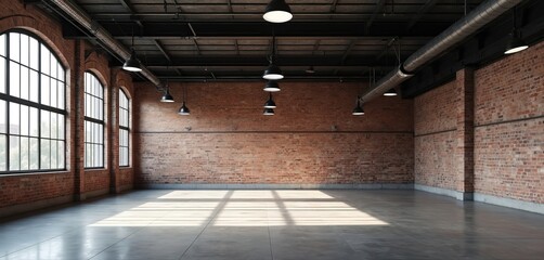 Empty industrial loft style warehouse interior with brick wall, concrete floor, black steel roof structure. Daylight from windows lights up space. Modern design for business, creative projects,