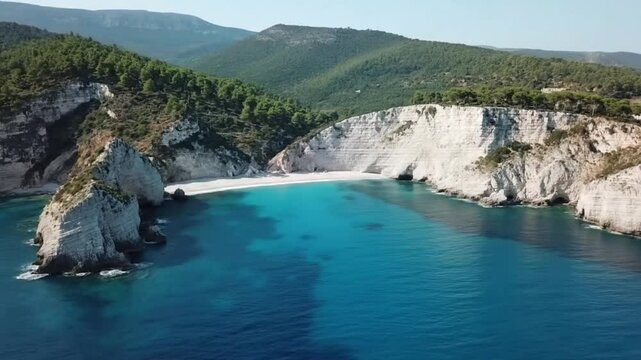 Italy summer holidays, best scenic sea landscape and beaches of Riviera del Conero- natural park near Ancona. Marche. View of picturesque beach Spiaggia del Frate. 4k hd aerial drone video