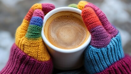 Hands in colorful mittens holding a white mug of coffee