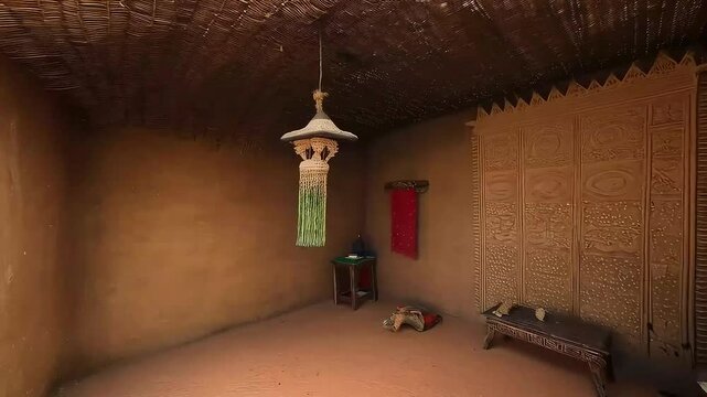 Traditional African dwelling exterior with carved mud wall transitions to simple interior with cultural decor