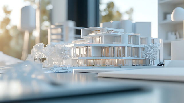 Architectural Model of a Modern Building with Illuminated Windows
