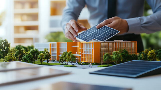 Architect placing solar panel on a sustainable building model