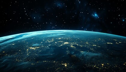 Obraz premium Stunning view of Earth from space at night, showing city lights and starlit background.