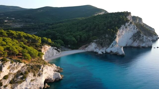 Italy summer holidays, best scenic sea landscape and beaches of Riviera del Conero- natural park near Ancona. Marche. View of picturesque beach Spiaggia del Frate. 4k hd aerial drone video