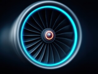 Close-up view of a futuristic jet engine turbine featuring vibrant neon accents emphasizing advanced aerospace technology and the intricate design in a sleek industrial setting