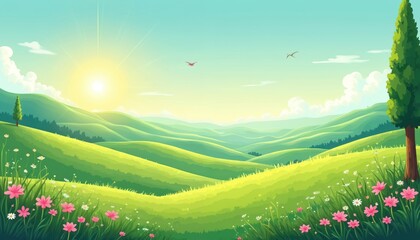 Illustration of scenic nature landscape. Rolling green hills, blue sky, fluffy clouds, flowers, trees. Natural beauty summer season. Bright sunlight, birds, vibrant colors. Environment concept,