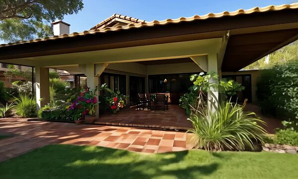 Lawn View of a One Story Home with Tiled Roof Chimney Pillars and Green Lawn on a Bright Sunny Day for Adobe Stock