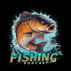 Fishing podcast, goldfish jumping design illustration