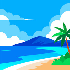 Beautiful tropical beach with blue sky and white clouds vector landscape background.