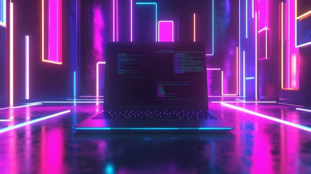 Futuristic Cyberpunk Coding: Laptop Displaying Code in a Neon Lit Abstract Environment